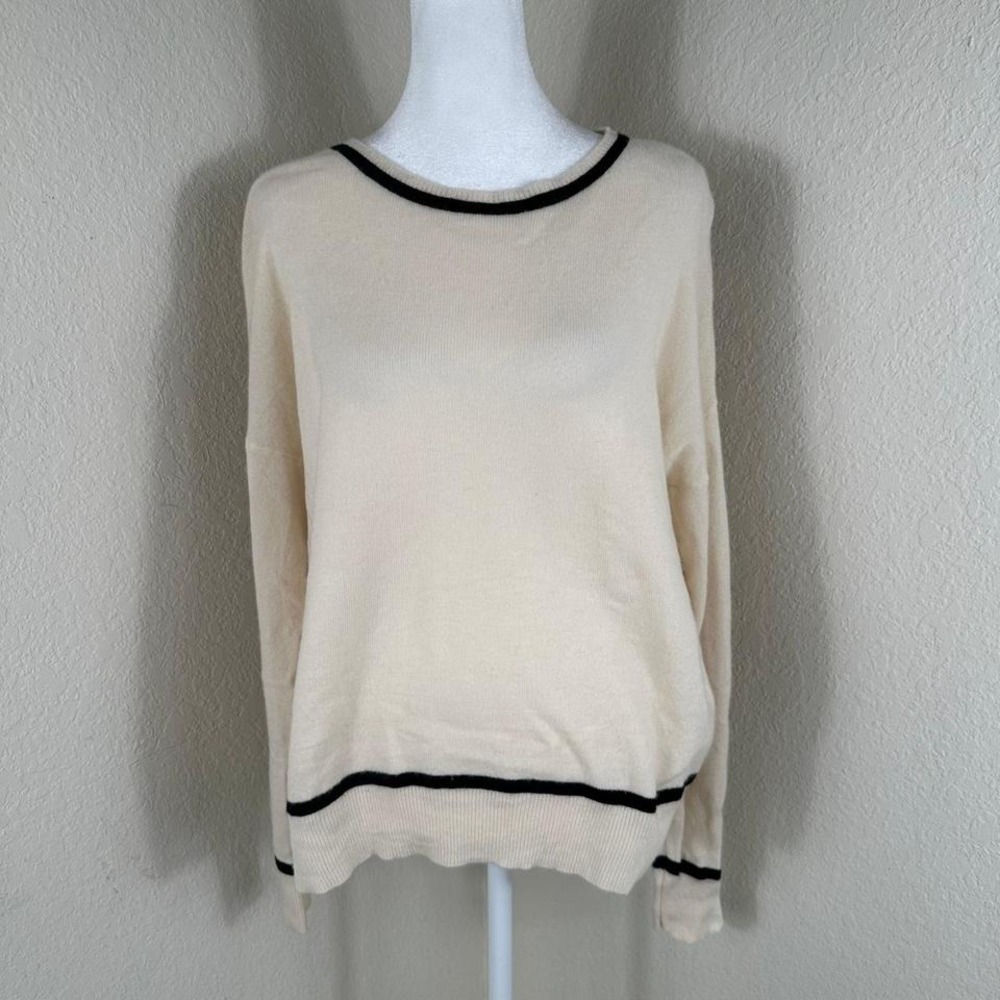 Rachel‎ Zoe Sweater Womens L Cream Cashmere Crew Neck Contrast Tipping Luxe Chic